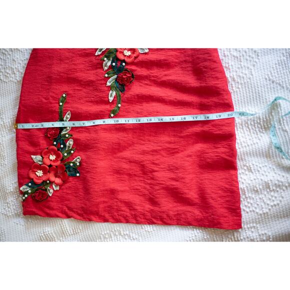 Vintage Mod Mini Dress Barkcloth 70s Sleeveless Red Floral Applique XS Party - Picture 7 of 10